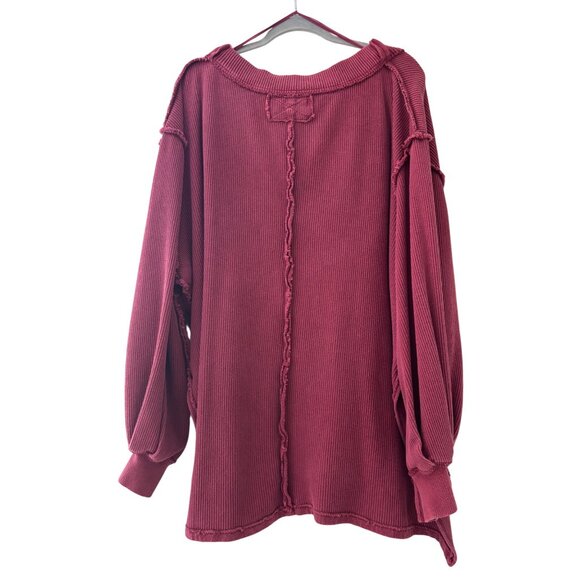We The Free Asher Thermal Knit Oversized V-Neck Top Large Burgundy Ribbed - Picture 10 of 13